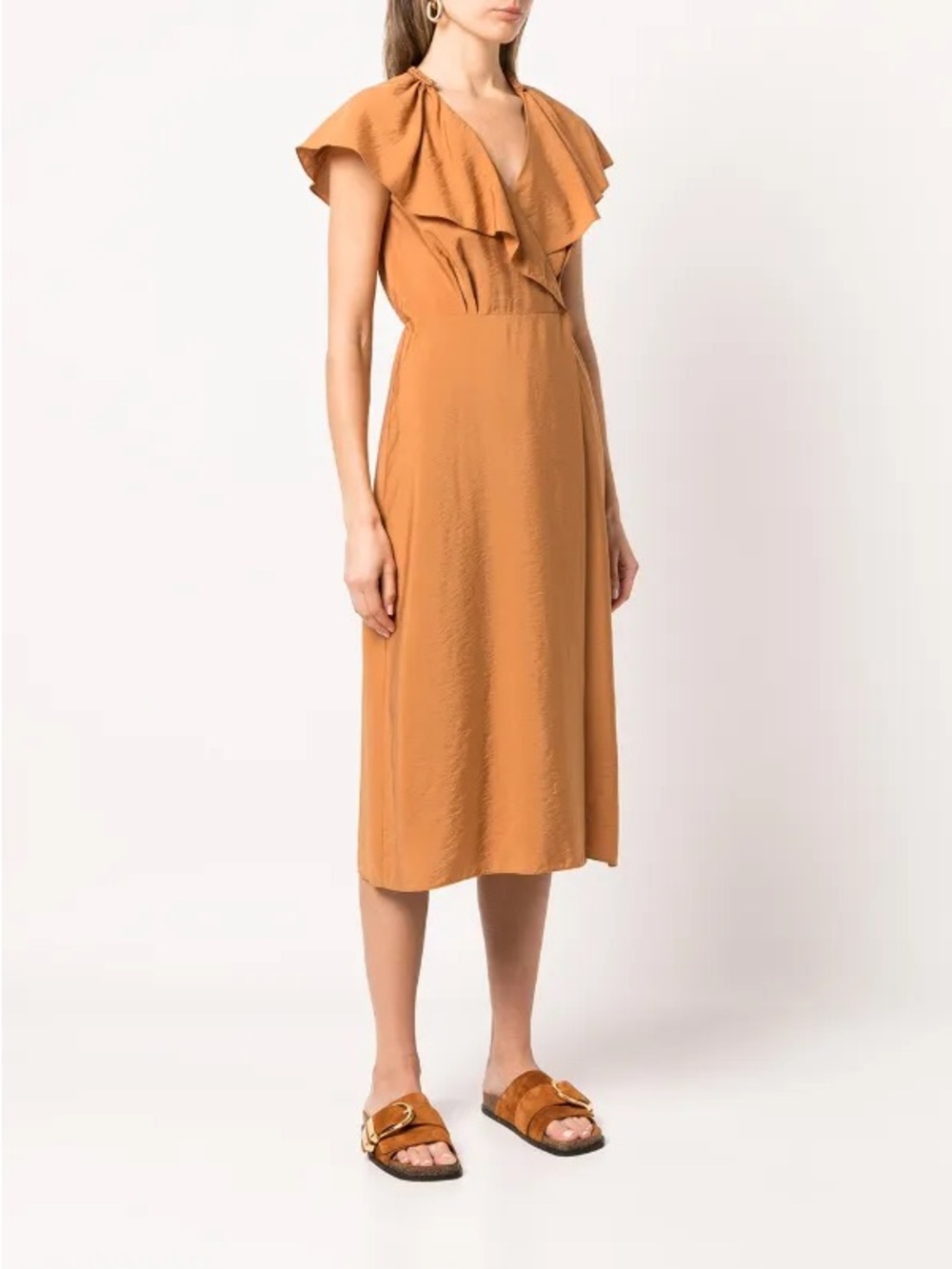 Vince ruffle collar rusty orange midi dress size large